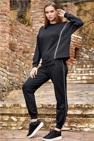 Cossy by Aqua 24241 Kadın Uzun Kollu Asimetrik Kesim Spor 2li Takım-Siyah
