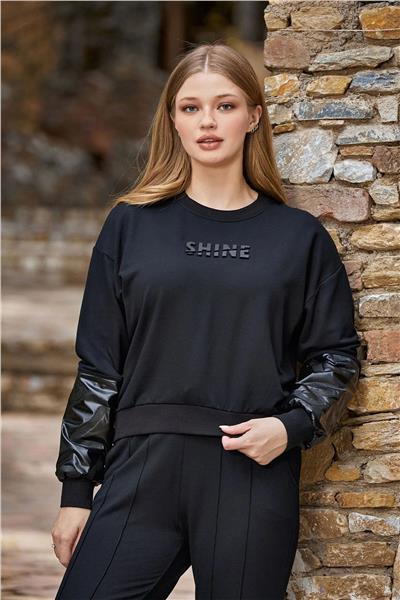 Cossy by Aqua 24250 Kadın Uzun Kollu Paçası Lastikli Baskı Detay Spor 2li Takım-Siyah