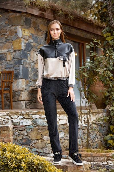 Cossy by Aqua 24338 Kadın Uzun Kollu Dik Yaka Kadife Eşofman Takım-Siyah