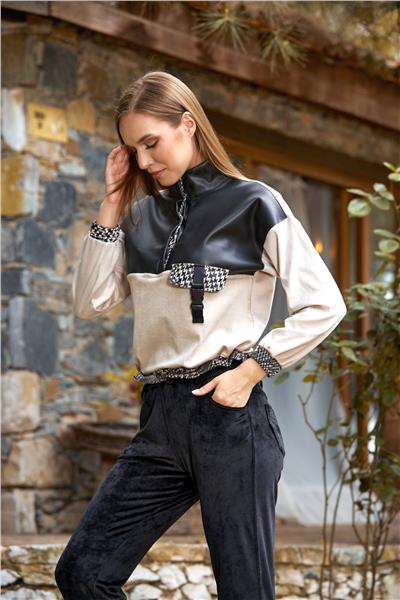 Cossy by Aqua 24338 Kadın Uzun Kollu Dik Yaka Kadife Eşofman Takım-Siyah