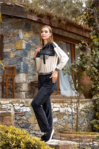 Cossy by Aqua 24338 Kadın Uzun Kollu Dik Yaka Kadife Eşofman Takım-Siyah