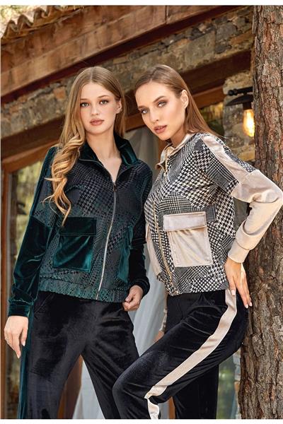 Cossy by Aqua 24342 Kadın Uzun Kollu Kazayağı Desen Kadife Eşofman Takımı-Yeşil