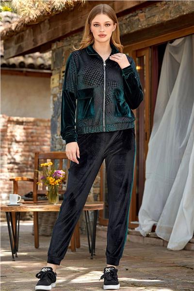 Cossy by Aqua 24342 Kadın Uzun Kollu Kazayağı Desen Kadife Eşofman Takımı-Yeşil