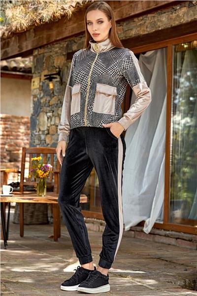 Cossy by Aqua 24342 Kadın Uzun Kollu Kazayağı Desen Kadife Eşofman Takımı-Bej