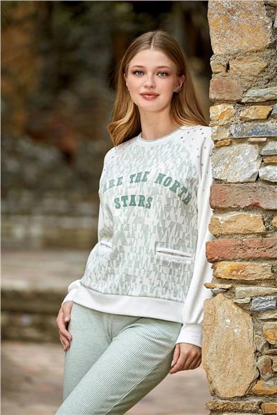 Cossy by Aqua 24344 Kadın Uzun Kollu Eşofman Takımı-Yeşilmelanj