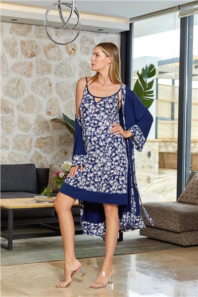 Cossy by Aqua 24551 Kadın İp Askılı Gecelik Sabahlık Takım-Lacivert