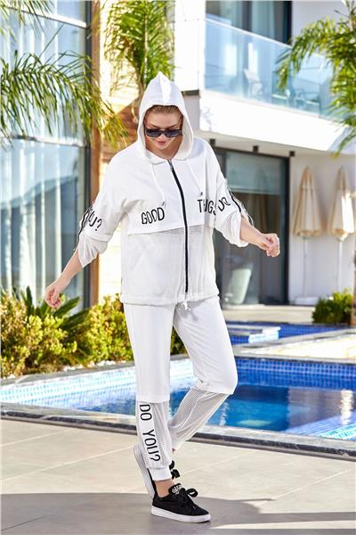 Cossy by Aqua 24705 Kadın File Detaylı Kapüşonlu Eşofman Takım-Krem