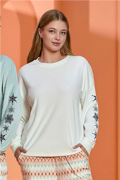 Cossy by Aqua 25015 Kadın Bisiklet Yaka Uzun Kollu Pijama Takımı-Krem