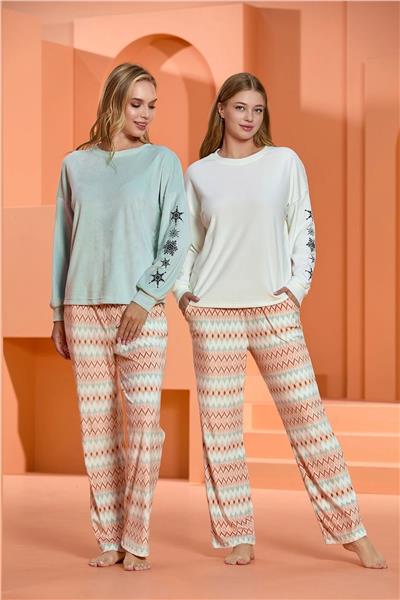 Cossy by Aqua 25015 Kadın Bisiklet Yaka Uzun Kollu Pijama Takımı-Krem