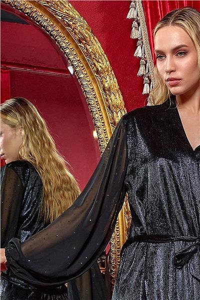 Cossy by Aqua 25117 Kadın Kadife Kolları Şifon Uzun Sabahlık-Siyah