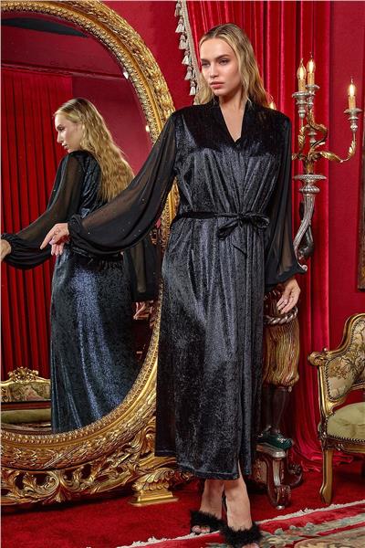 Cossy by Aqua 25117 Kadın Kadife Kolları Şifon Uzun Sabahlık-Siyah