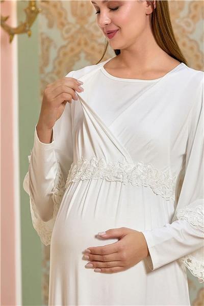 Cossy by Aqua 25121 Kadın Dantelli Uzun Kol Kruvaze Yaka Tesettür Lohusa Gecelik-Krem