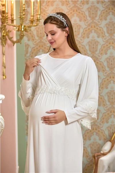 Cossy by Aqua 25121 Kadın Dantelli Uzun Kol Kruvaze Yaka Tesettür Lohusa Gecelik-Krem