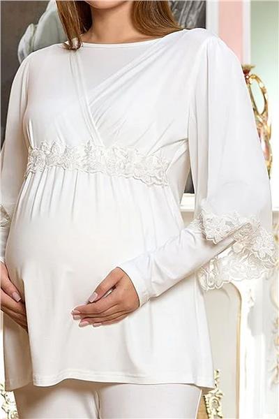Cossy by Aqua 25123 Dantelli Uzun Kol Kruvaze Yaka Tesettür Lohusa Pijama Takımı-Krem