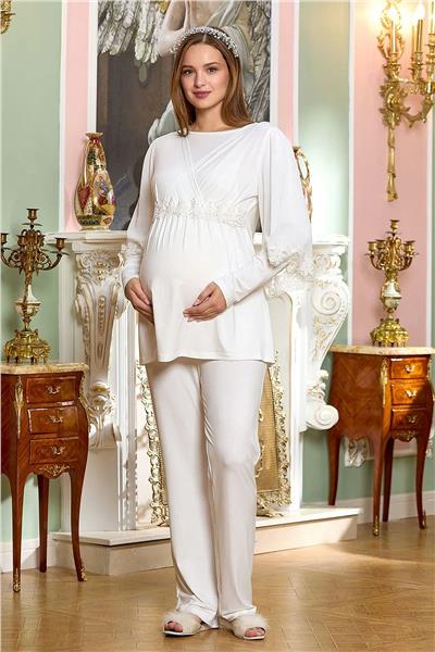 Cossy by Aqua 25123 Dantelli Uzun Kol Kruvaze Yaka Tesettür Lohusa Pijama Takımı-Krem