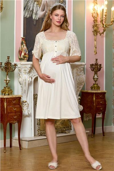 Cossy by Aqua 25129 Hamile Lohusa Kısa Kollu Dantelli Gecelik-Krem