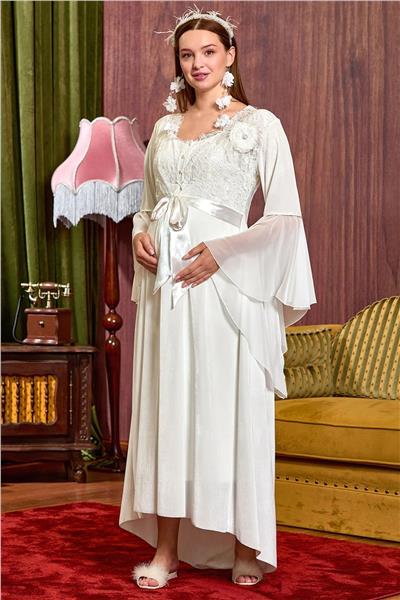 Cossy by Aqua 25134 Hamile Lohusa Dantelli Kadife Sabahlık-Krem