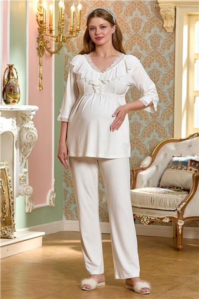 Cossy by Aqua 25137 Hamile Lohusa Truvakar Kol Pijama Takımı-Krem