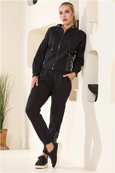 Cossy by Aqua 25207 Kadın Uzun Kol Kapişonlu Eşofman Takımı-Siyah