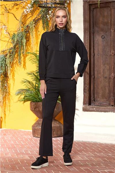 Cossy by Aqua 25236 Kadın Dik Yaka Önden Yarım Fermuarlı Eşofman Takımı-Siyah