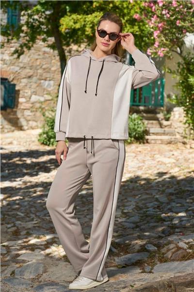 Cossy by Aqua 26027 Kadın Uzun Kollu Kapişonlu Eşofman Takımı-Taş