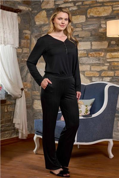 Cossy by Aqua 26275 Kadın Uzun Kollu Yakası Düğmeli Pijama Takımı-Siyah