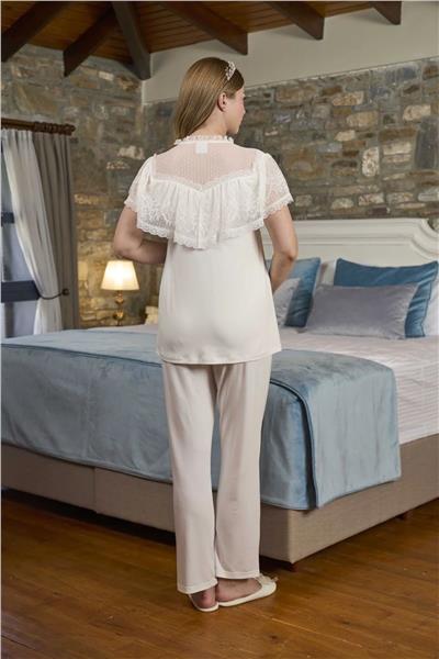 Cossy by Aqua 26302 Hamile Lohusa Kısa Kollu Dantel Detaylı Pijama Takımı-Krem