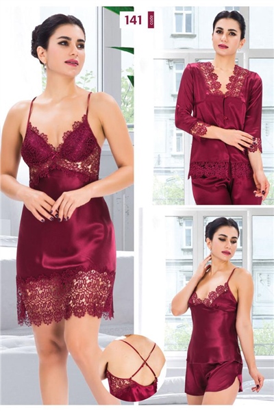Duchesse 141 Çeyizlik Dantelli Saten 6lı Set -Bordo