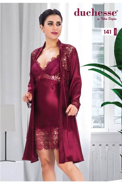 Duchesse 141 Çeyizlik Dantelli Saten 6lı Set -Bordo