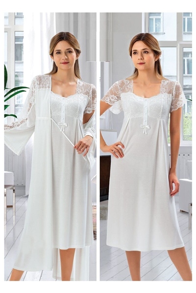 Duchesse 2008 Hamile Lohusa Sabahlıklı Gecelik Takım-Ekru