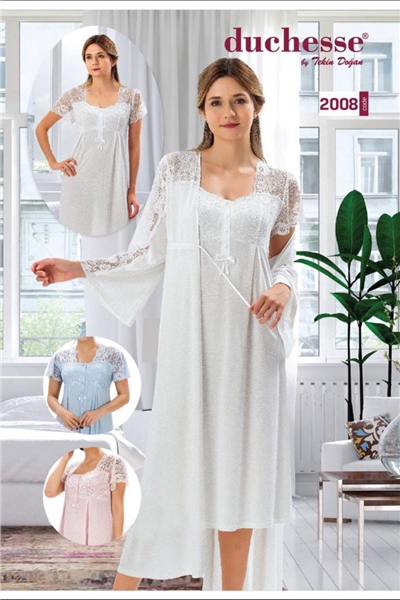 Duchesse 2008 Hamile Lohusa Sabahlıklı Gecelik Takım-Ekru