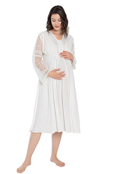Duchesse 2060 Hamile Lohusa Sabahlıklı Gecelik Takım-Ekru