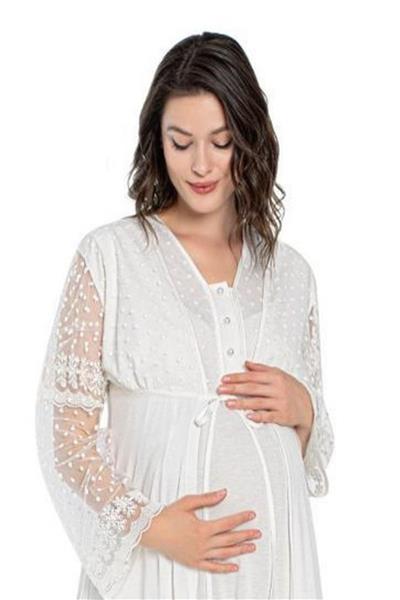 Duchesse 2060 Hamile Lohusa Sabahlıklı Gecelik Takım-Ekru