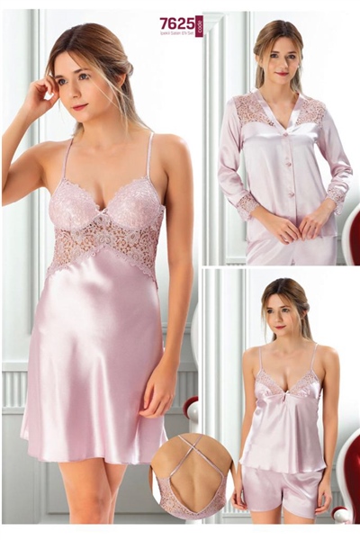 Duchesse 7625 Çeyizlik Dantelli Saten 6lı Set -Pudra