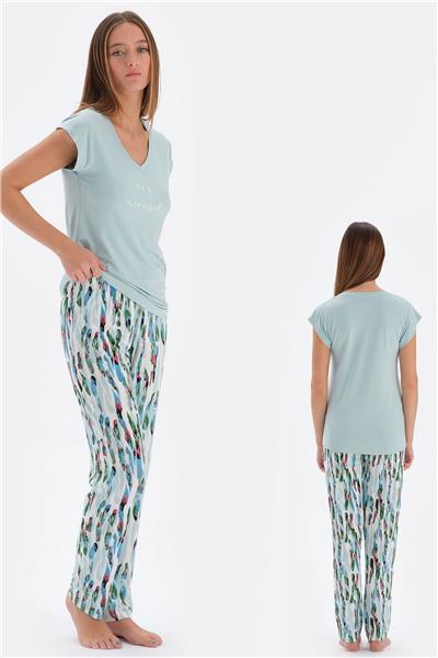 Eros 33580 Kadın V Yaka Kısa Kol Pijama Takımı-Mint