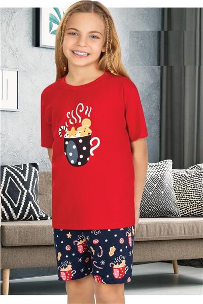 Ersoy 866G Kız Çocuk Garson Boy Kısa Kollu Şortlu Pijama Takımı-Kırmızı