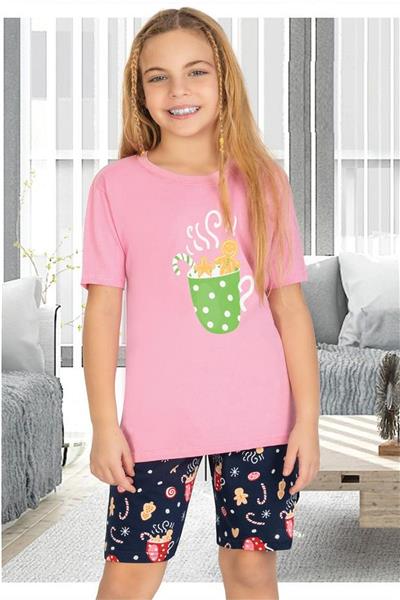 Ersoy 866G Kız Çocuk Garson Boy Kısa Kollu Şortlu Pijama Takımı-Pembe