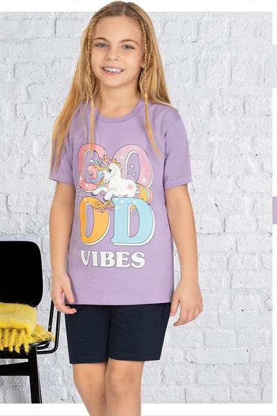 Ersoy 869G Kız Çocuk Garson Boy Kısa Kollu Şortlu Pijama Takımı-Mor