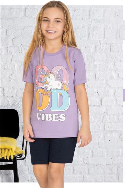 Ersoy 869G Kız Çocuk Garson Boy Kısa Kollu Şortlu Pijama Takımı-Mor