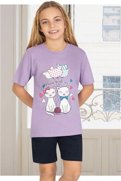 Ersoy 871G Kız Çocuk Garson Boy Kısa Kollu Şortlu Pijama Takımı-Mor