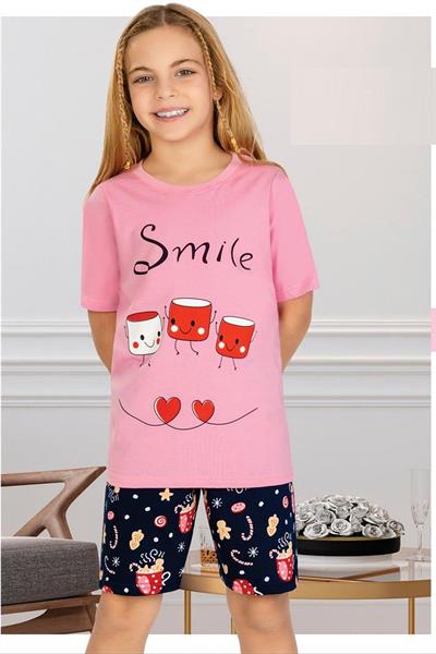 Ersoy 874G Kız Çocuk Garson Boy Kısa Kollu Şortlu Pijama Takımı-Pembe