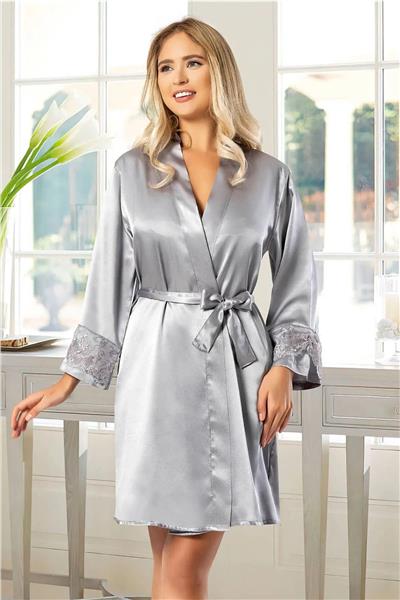 Faal 2033 Kadın Dantel Detaylı Saten İp Askılı Kısa Gecelik Sabahlık Takım-Gri