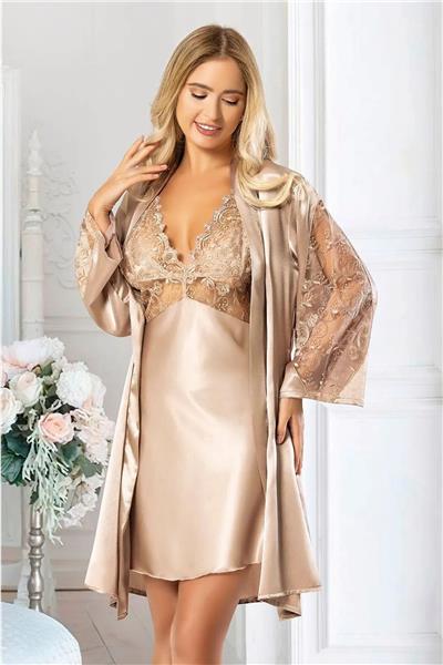 Faal 2038 Kadın Dantel Detaylı Saten İp Askılı Kısa Gecelik Sabahlık Takım-Vizon