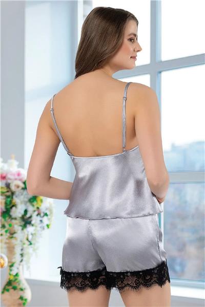 Faal 3101 Kadın Saten Degaje Yaka İp Askılı Şortlu Pijama Takım-Gri