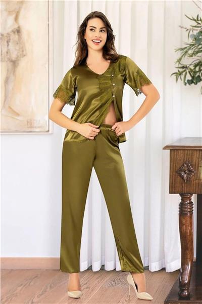 Faal 4110 Kadın Dantel Detaylı Saten Kısa Kollu Pijama Takım-Haki
