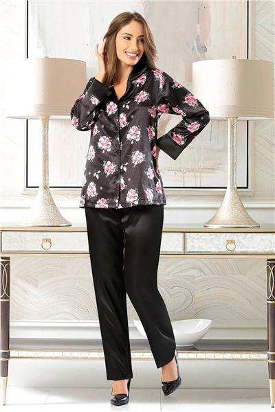Faal 4607 Kadın Saten Uzun Kollu Pijama Takım-Siyah