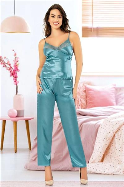 Faal 4909 Kadın Dantel Detaylı Saten Sabahlıklı İp Askılı Pijama Takım-Mavi
