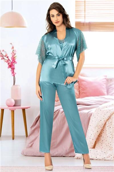 Faal 4909 Kadın Dantel Detaylı Saten Sabahlıklı İp Askılı Pijama Takım-Mavi