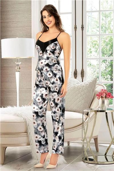 Faal 4910 Kadın Saten Sabahlıklı İp Askılı Pijama Takım-Siyah
