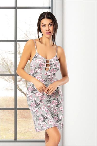 Faal 6023 Kadın Viskon İp Askılı Gecelik Sabahlık Takım-Gri